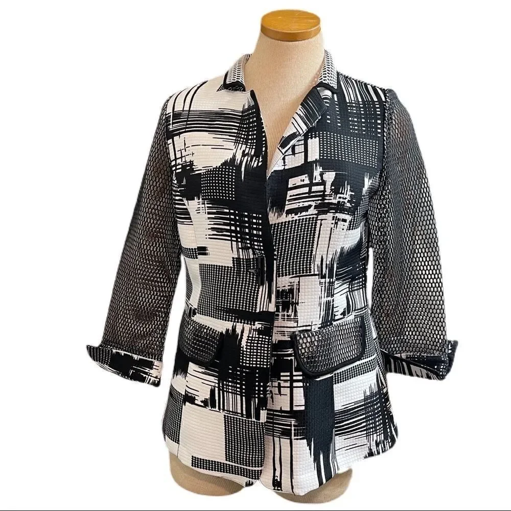 IC By Connie K Retro Black White Lagenlook Blazer Jacket Size Small